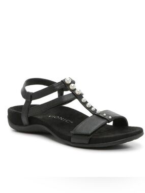 VIONIC Mikah Black Pearl Studded Comfort Sandals Cushioned Adjustable Size 9.5